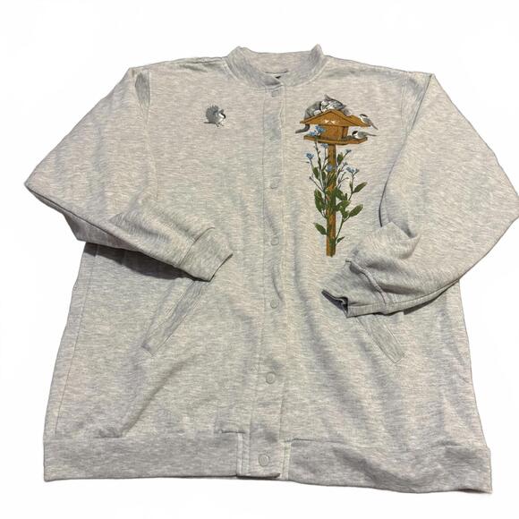 Vintage Cottagecore Birdhouse Embroidered Snap Cardigan Gray Large - Picture 3 of 7